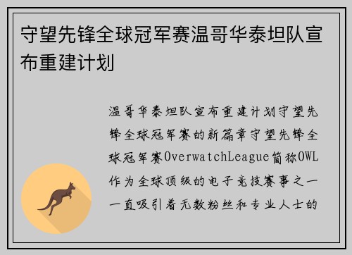 守望先锋全球冠军赛温哥华泰坦队宣布重建计划