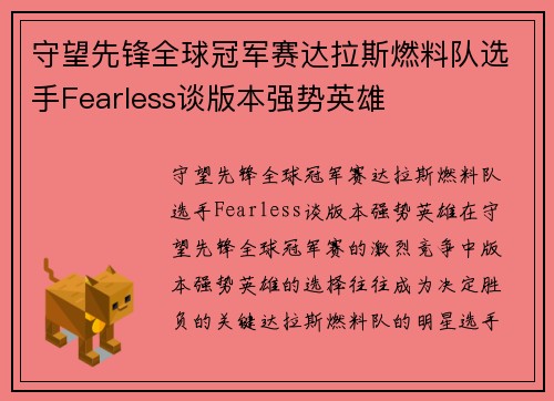 守望先锋全球冠军赛达拉斯燃料队选手Fearless谈版本强势英雄